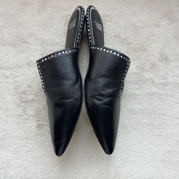 Paige Alia Black Leather Mule Slide Flats Women 7 Silver Stud Pointed Toe Casual - Picture 7 of 15